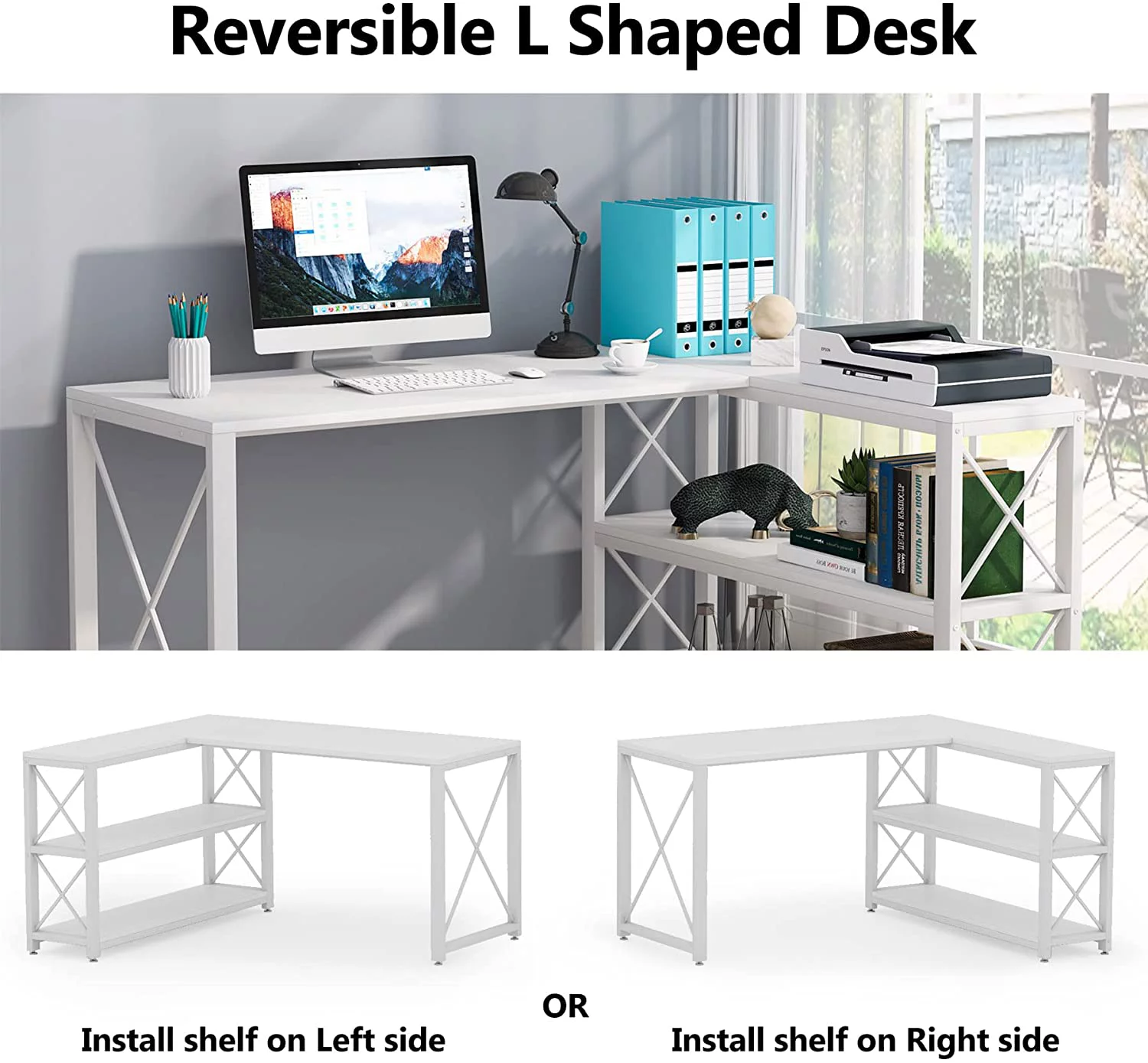 Tribesigns 59" Working Gaming Table, Reversible Computer PC Desk with 2 Shelves for Home Office, White