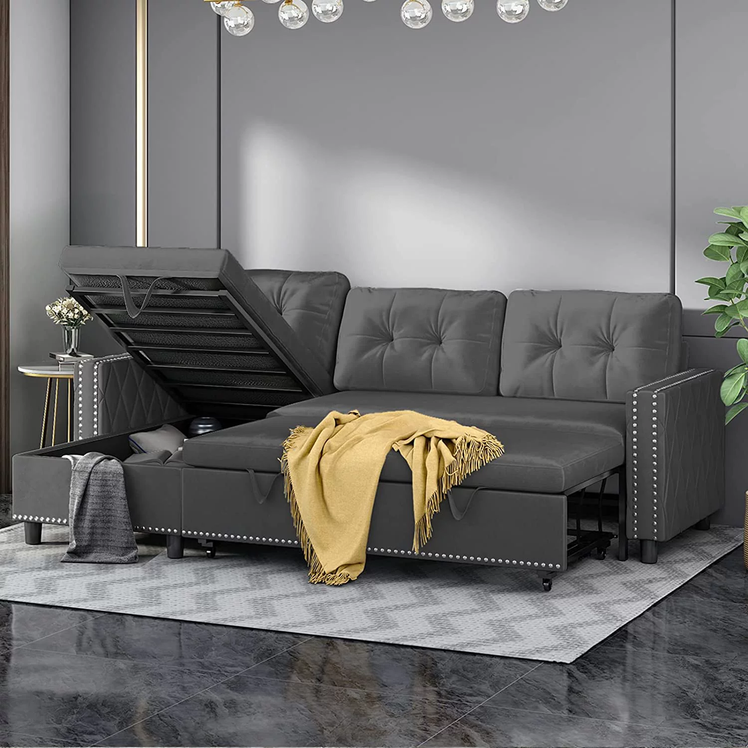 BALUS Reversible Sectional Sleeper Sofa with Storage Chaise, Velvet Upholstered L-Shape Sleeper Sectional Sofa Couch