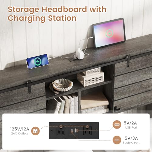 VIAGDO Wooden Bed Frame Queen Size with Bookcase Headboard and Sliding Barn Door, Farmhouse Queen Bed Frame with Charging Station
