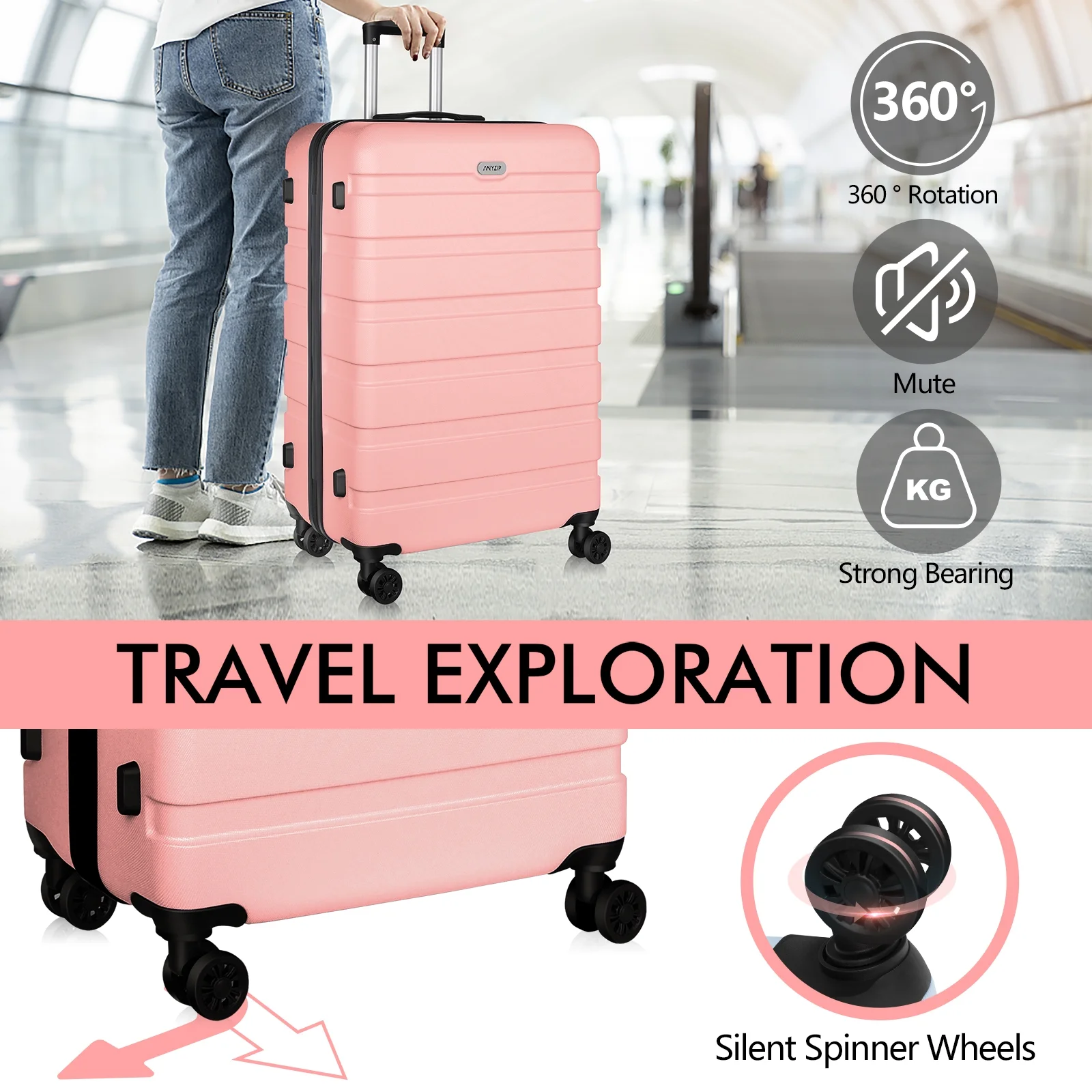 AMZFUN 3PCS Luggage Sets,PC+ABS Hardside Lightweight Suitcase with Silent Universal Wheels, TSA Lock Carry On Luggage 20/24/28 Inch Pink