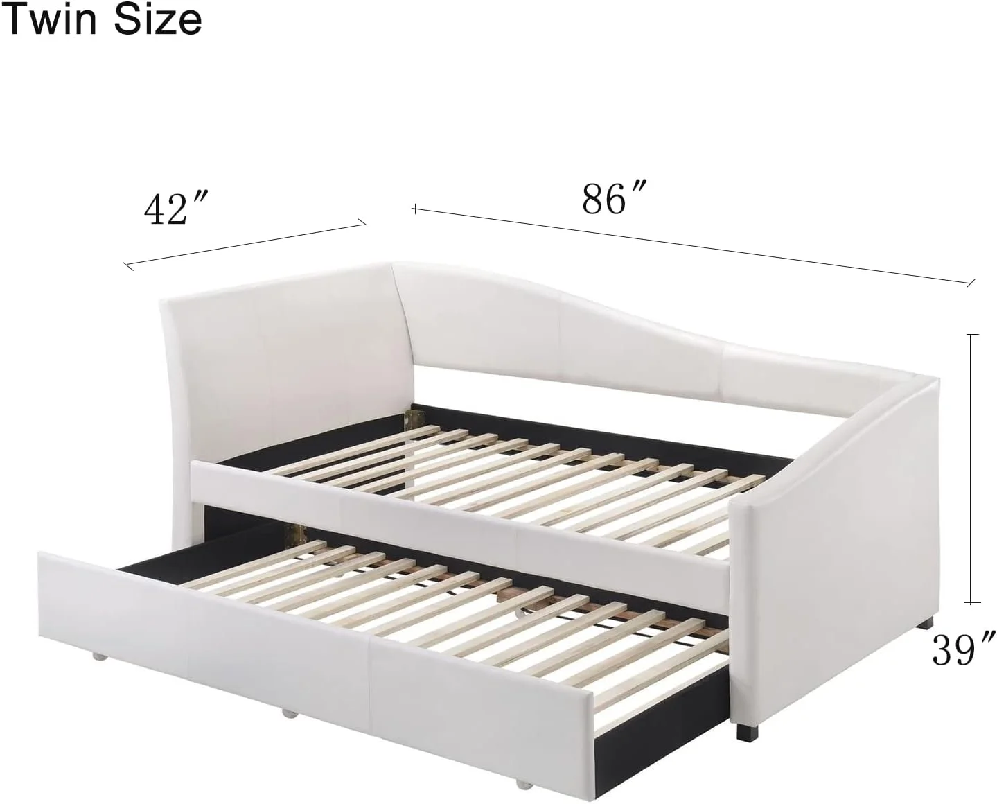 Upholstered Daybed With Trundle Modern White Faux Leather Day Beds Solid Rubber Wood Sofa Bed Frame With Guest Trundle For Living Room Bedroom