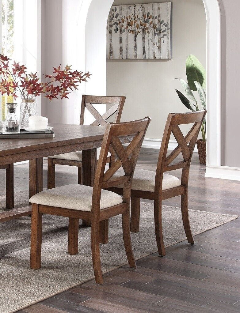 Modern Unique 7pc Dining Set Table 6x Side Chairs Cushion Upholstered Solid wood Kitchen Dining Room Furniture Natural Finish