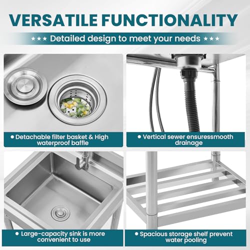 Utility Sink Stainless Steel Free Standing Single Bowl Laundry Outdoor Commercial Kitchen Sink with Cold Hot Pipe for Bar, Garage, Restaurant