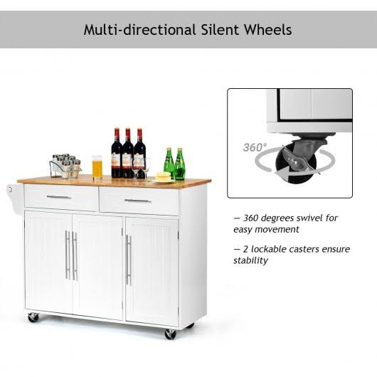 Kitchen Island Trolley Cart Wood Top Rolling Storage Cabinet-White