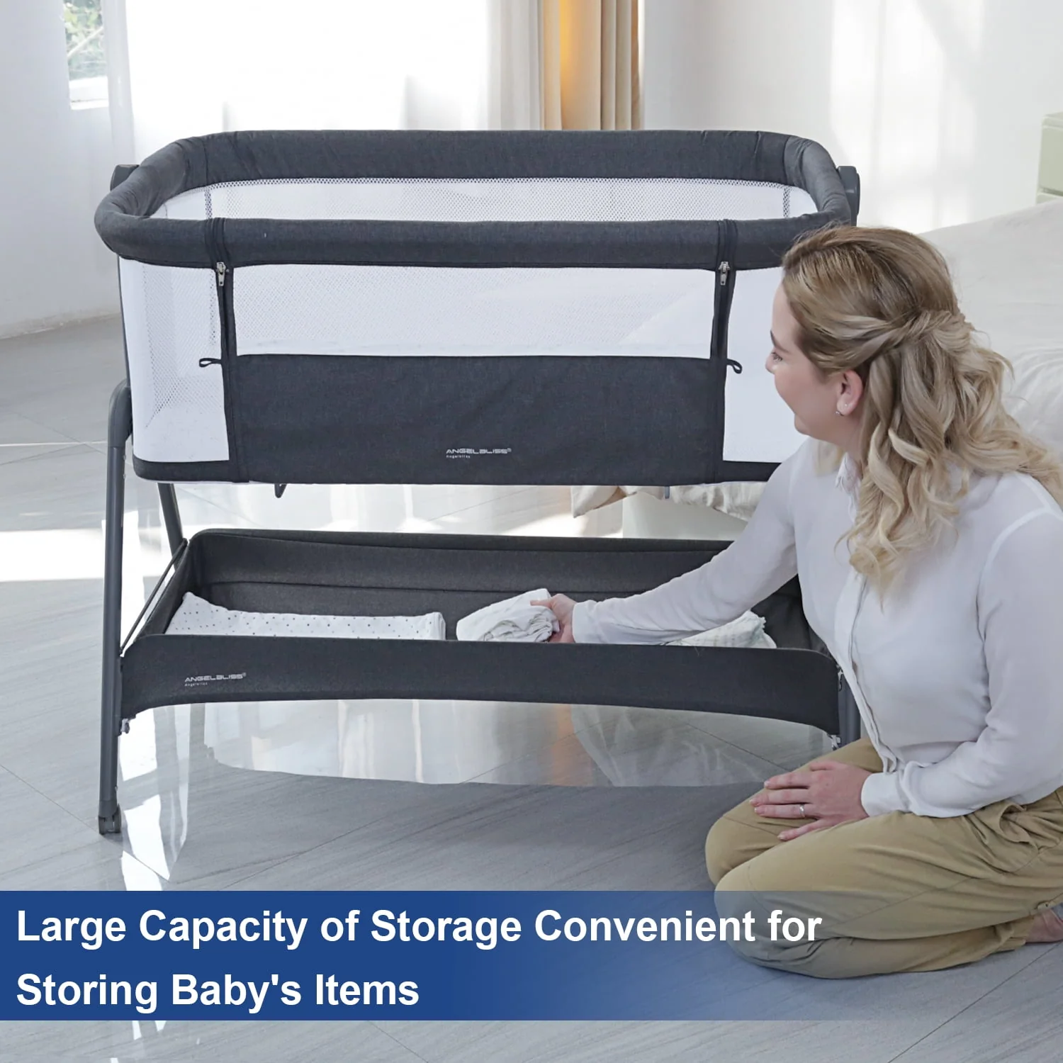 ANGELBLISS Flat Bedside Bassinet with Storage Basket, Easy Folding Portable Crib with Wheels, Included Breathable Mesh