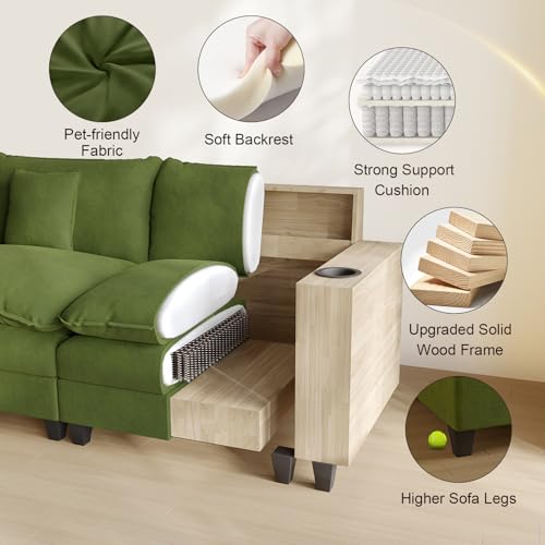 Modular Sectional Sofa, Cloud Couch with Ottoman, Charging Station, Throw Pillows, Cup Holders, Modern Convertible U Shaped Couches for Living Room