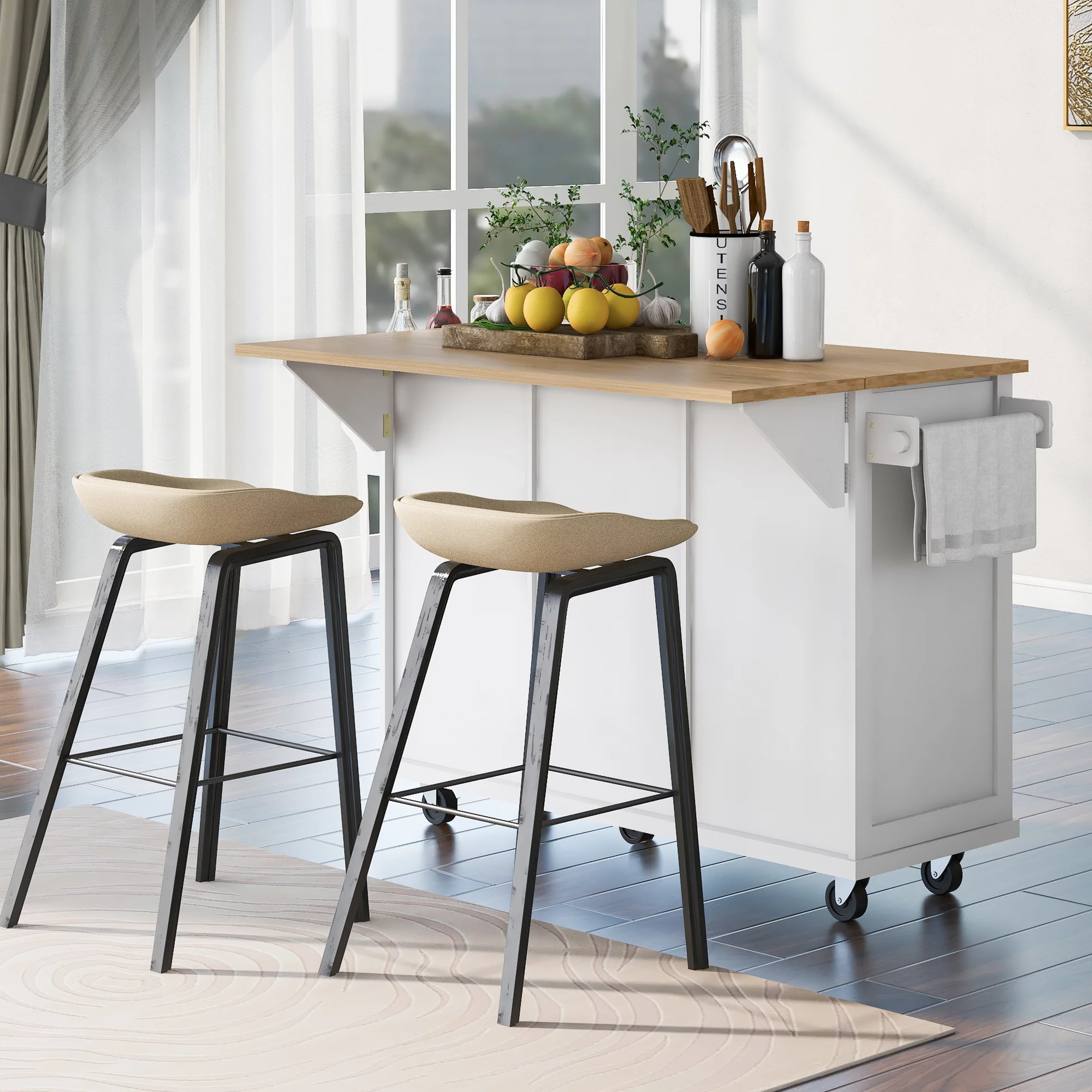 EUROCO 53.1" Kitchen Islands with Storage, Kitchen Island Cart with Rubber Wood Drop Leaf,Cabinet door internal storage racks,5 Wheels,3 Drawers,White
