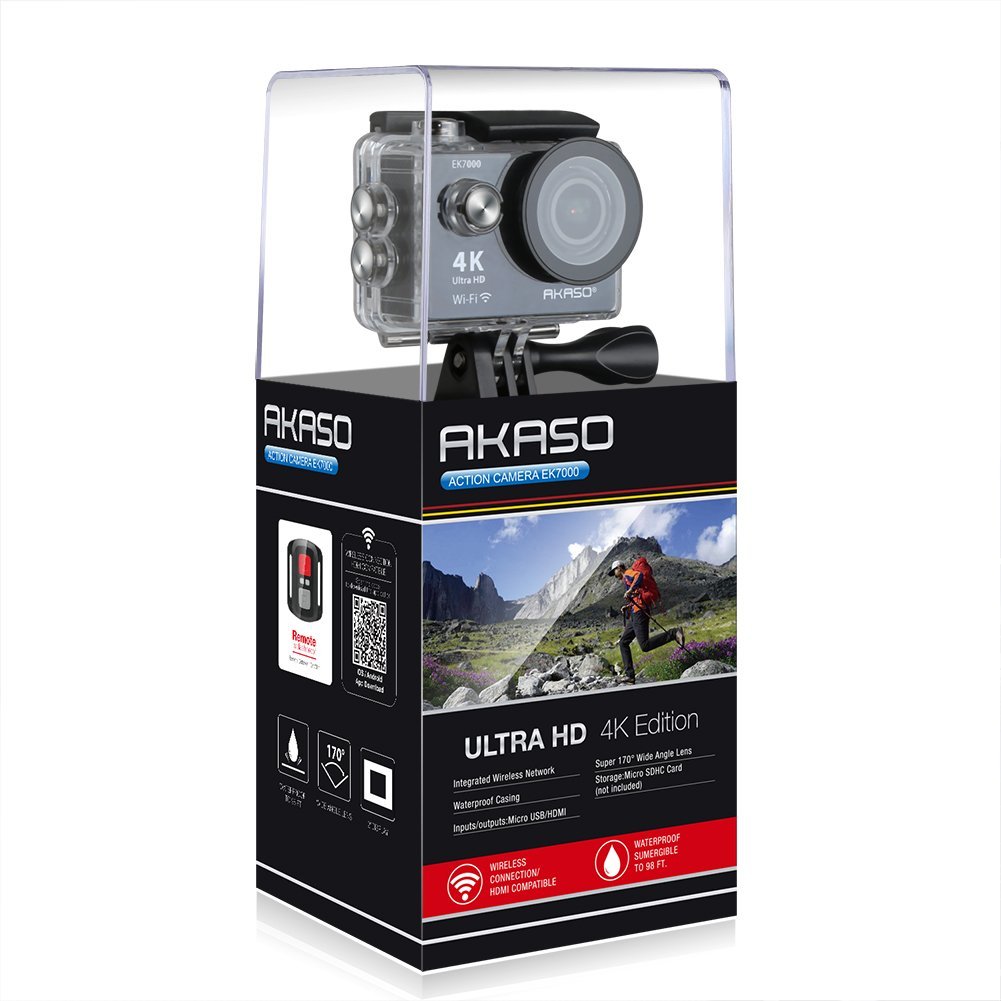 AKASO EK7000 4K Video WiFi Action Camera Ultra HD Waterproof DV Camcorder 12MP 170 Degree Wide Angle LCD (Black) with Wireless Remote Custom Case