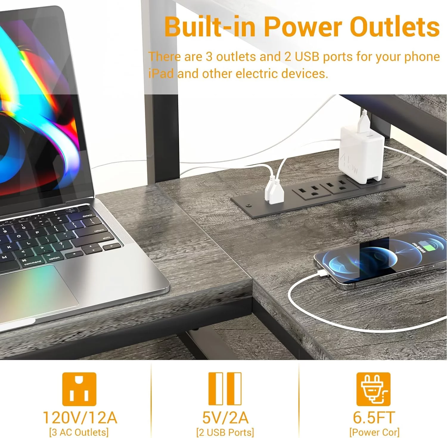 Homieasy Computer Desk with Power Outlet and USB Ports, 47 inch Ergonomic Gaming Desk with LED Strip and Monitor Stand