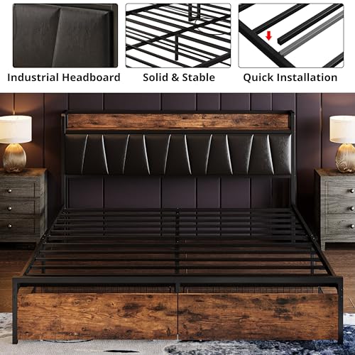 LIKIMIO Full Size Bed Frame, Storage Headboard with Charging Station, Platform Bed with Drawers, No Box Spring Needed, Easy Assembly