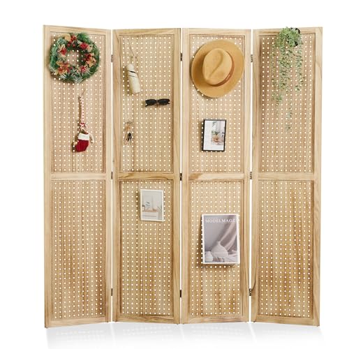 Pegboard Display, 5.6Ft Wooden Room Divider Folding Privacy Screens Portable Freestanding Wall Organizer for Retail Craft Art Display Board (4panels