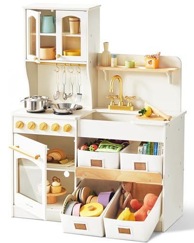 Tiny Land Play Kitchen for Kids with Enhanced Storage – Modern Toddler Kitchen Playset with Stove, Sink & Accessories, Organized Wooden Toy Kitchen