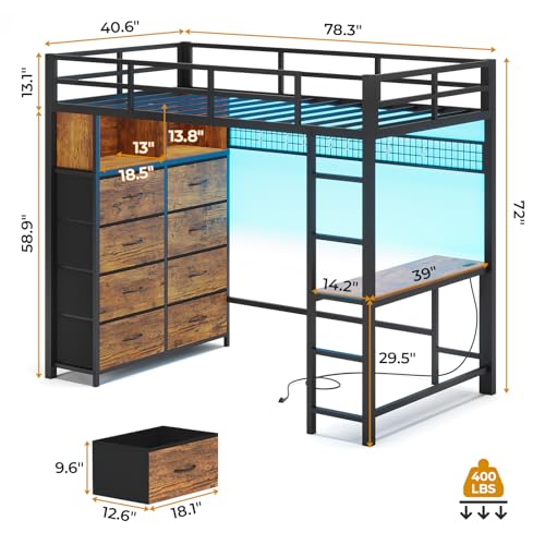 ADORNEVE Twin Size Loft Bed with Desk and 8 Storage Drawers, Metal Kids Loft Bed Twin with LED Lights & Charging Sation, Storage Shelves