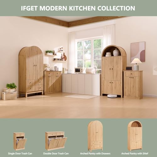 71" Tall Arched Kitchen Pantry, Modern Fluted Wood Storage Cabinet with Doors, 3 Adjustable Shelves, 6 Door Shelves, Organizer