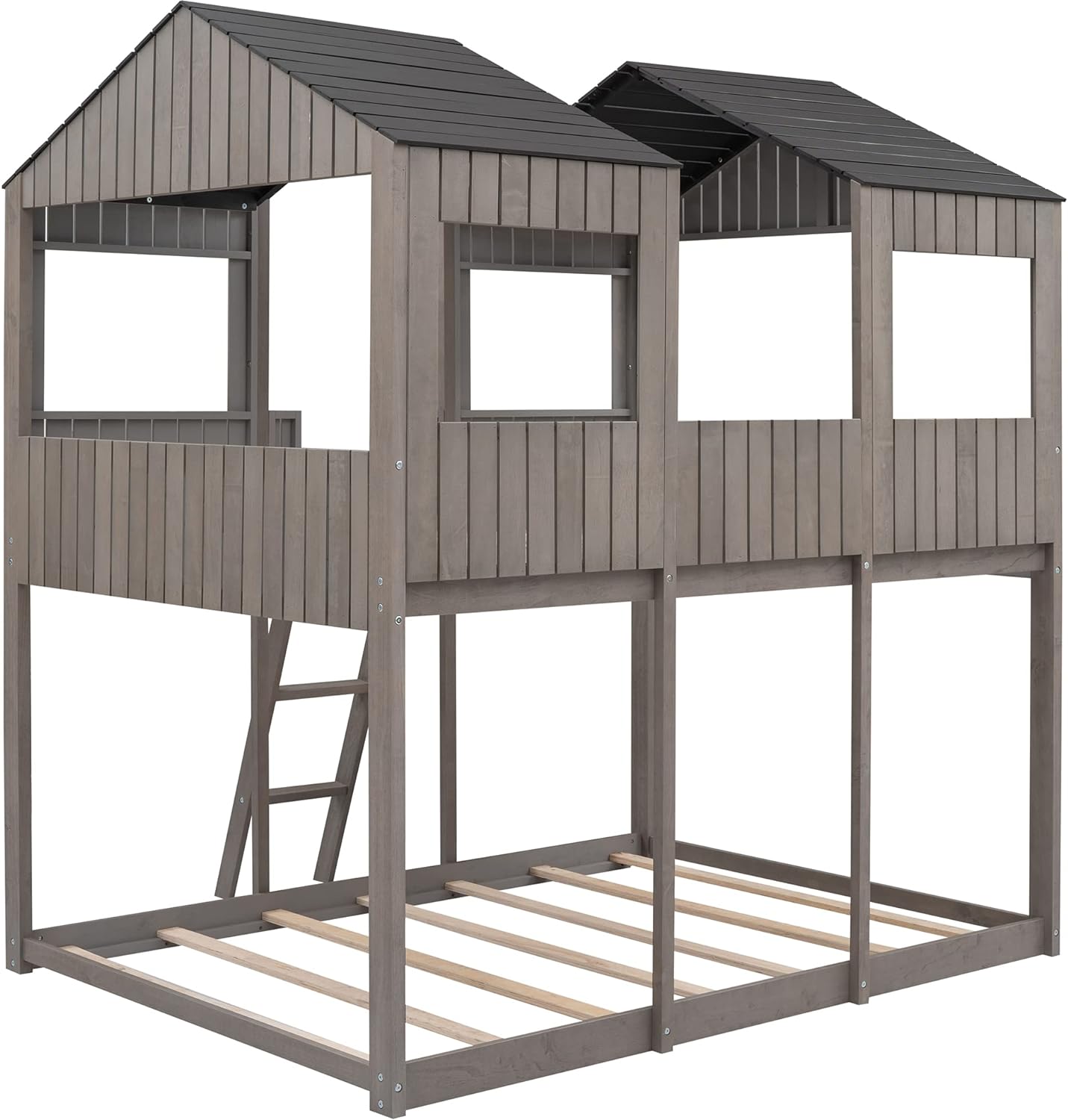 House Bunk Bed Full Over Full Size, Wooden House Bunk Beds Frame With Roof And Guard Rail, Floor Bunk Bed Frame For Kids, Teens