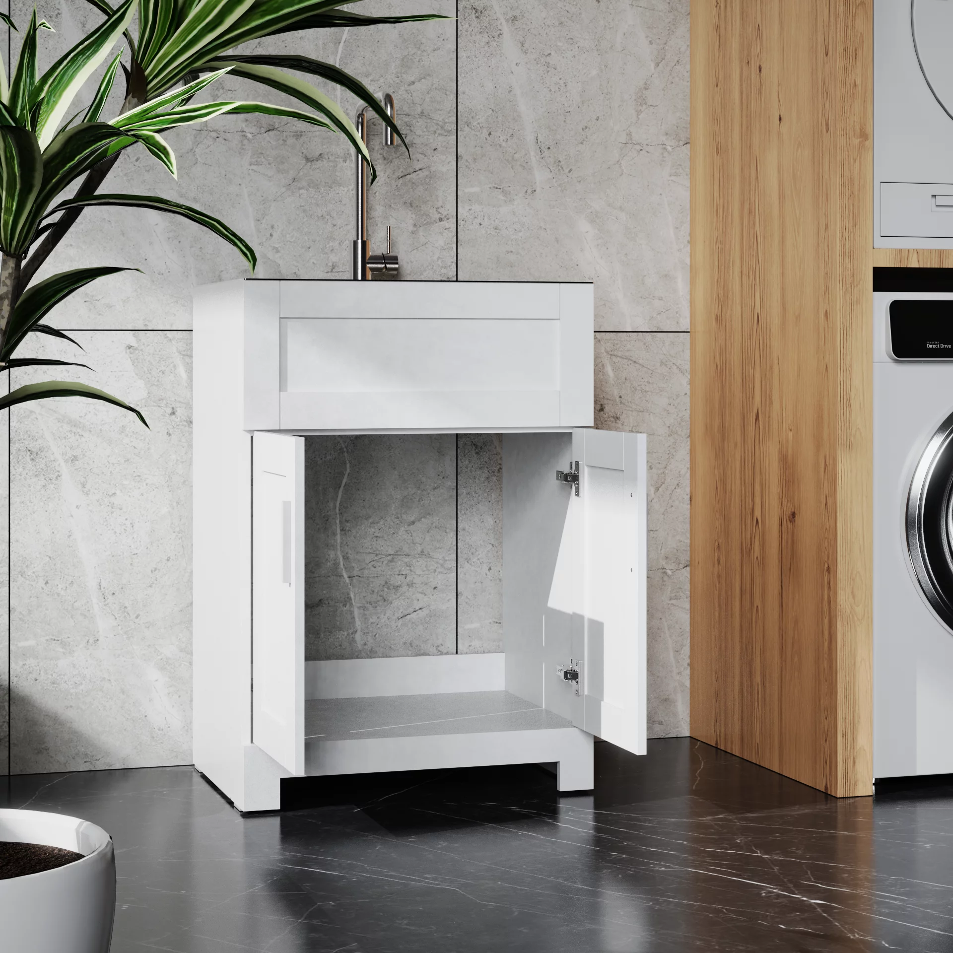 CoSoTower 24in White Paint Free Laundry Tub Cabinet w/ Stainless Steel Combo