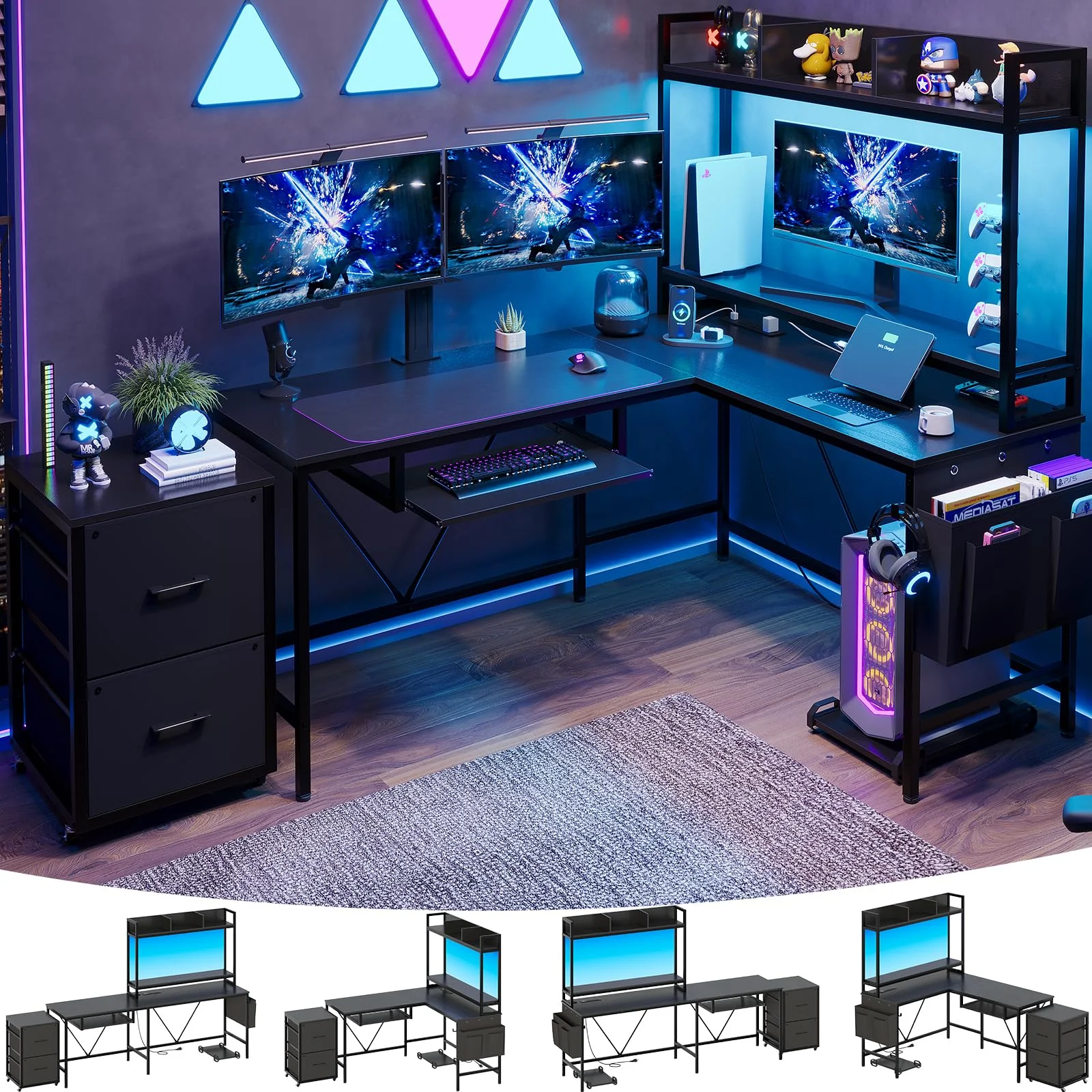 Black 55" Reversible Corner Computer Desk with Storage Shelf,L Shaped Gaming Desk with Power Outlet & Led Strip,Keyboard Tray and Headphone Hook