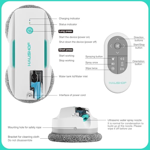 HAUSHOF Robot Window Cleaner with 3800Pa Suction, Auto Water Spray, AI Path Planning & Edge Detection, Remote Control for High-Rise Window, Glass Door