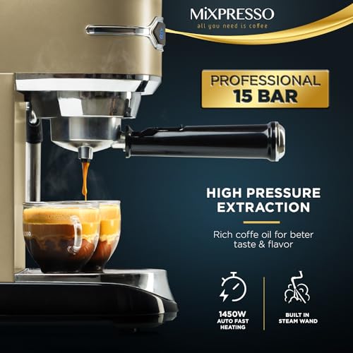 Mixpresso Professional Espresso Machine for Home 15 Bar with Milk Frother Steam Wand, Espresso Maker with Double-Cup Splitter 1450w Fast Heating
