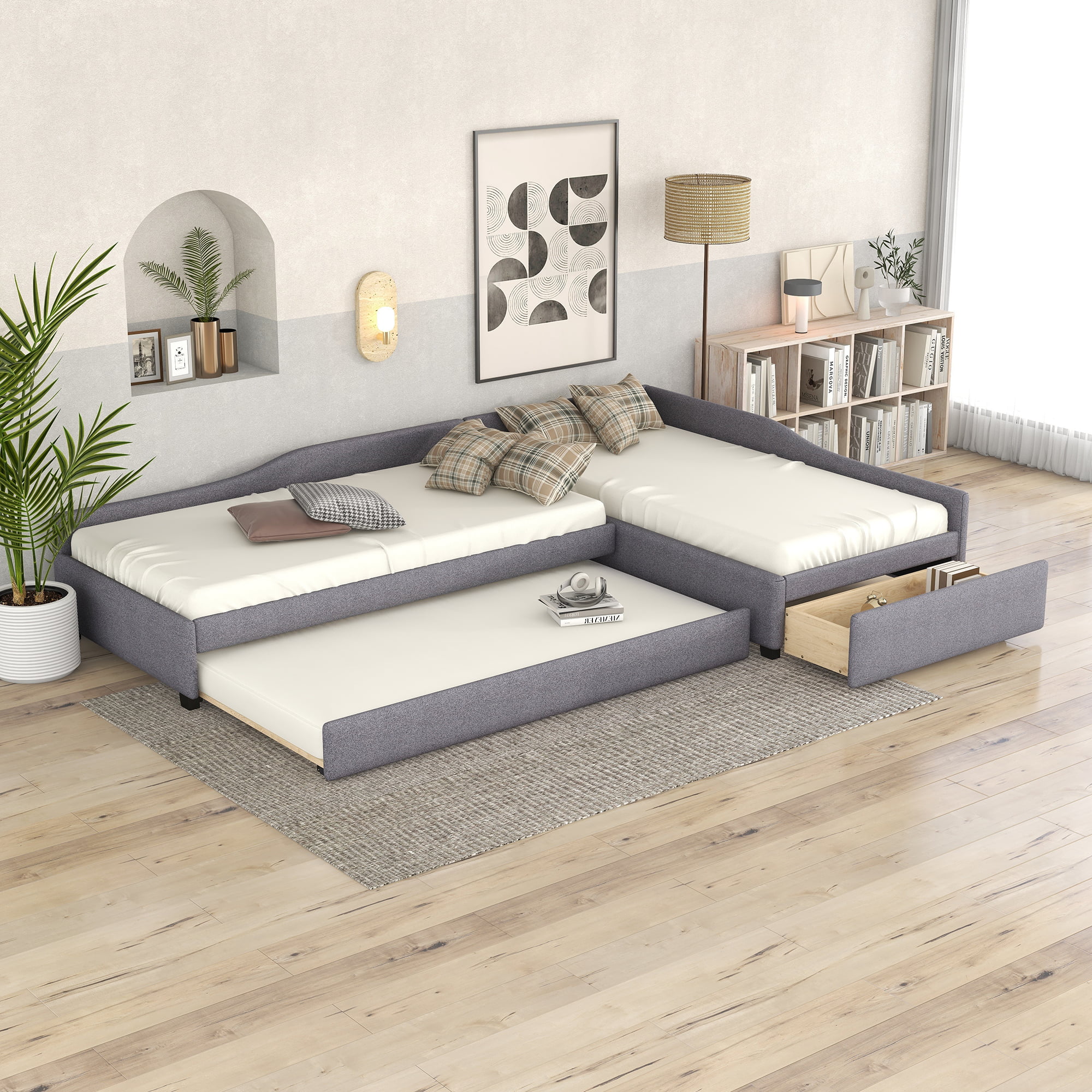 Bellemave L-Shaped Daybed with Trundle and Drawers, Double Twin Size Upholstered Sofa Bed with Storage, Twin Daybed Frame for Kids, Teens & Adults