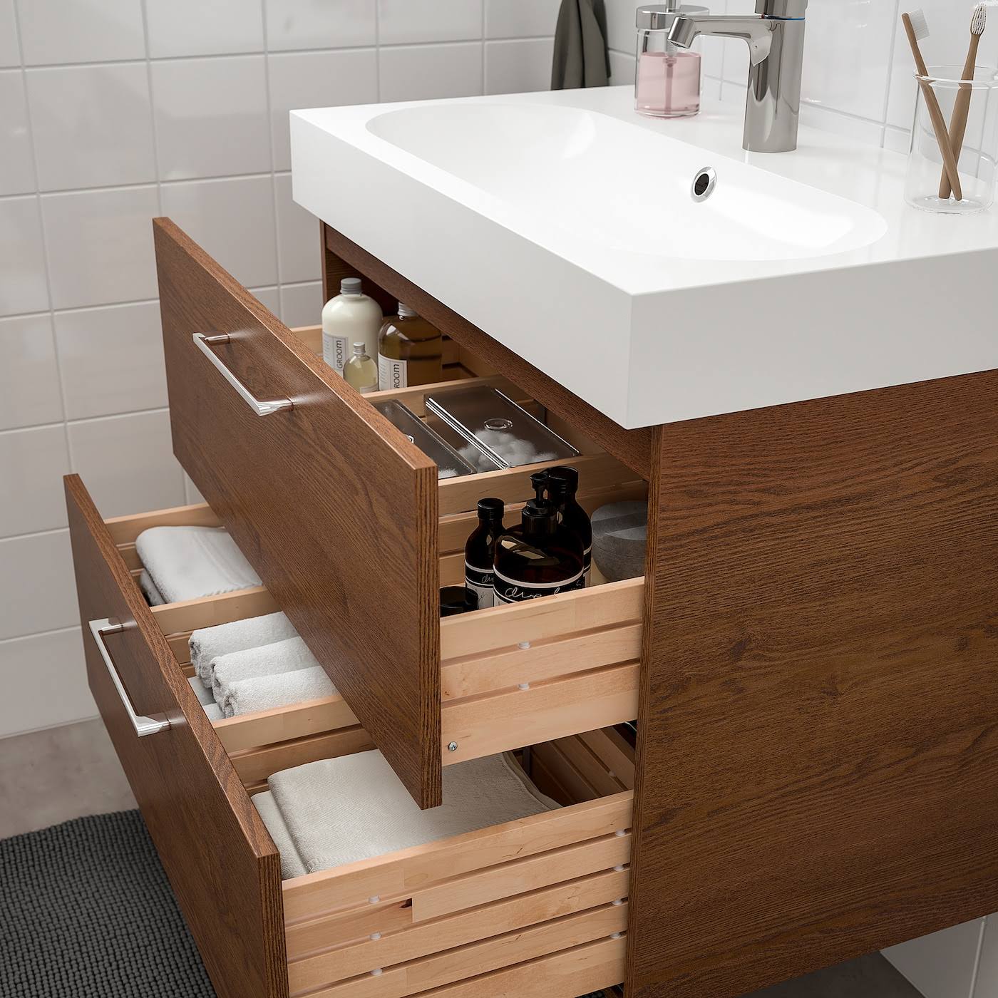 IKEA - GODMORGON / BRÅVIKEN Sink Cabinet with 2 Drawers, Brown Stained Ash effect/Brogrund Faucet, 31 1/2x18 7/8x26 3/4 29305185