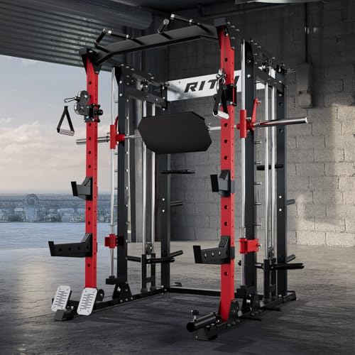 RitFit Buffalo Smith Machine, Power cage with LAT-Pull Down System & Cable Crossover System, All-in-One Squat Rack for Home Gym, Power Rack