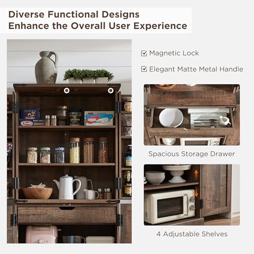 72" Tall Kitchen Pantry, Farmhouse Storage Cabinet with Barn Doors, Organizer, Drawer and Adjustable Shelves, Rustic Wood Cupboard for Kitchen