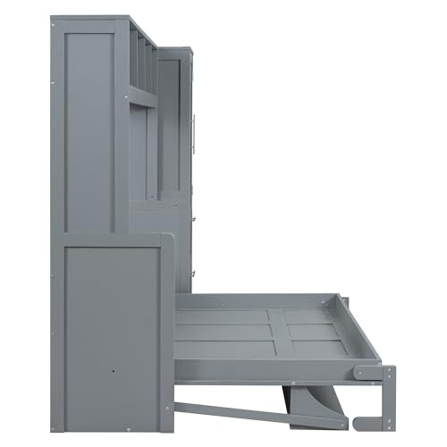 SOFTSEA Full Size Murphy Bed with Closet and Drawers, Wall Bed with Storage Shelves and Cabinet, Wood Bed Frame with Support Slats