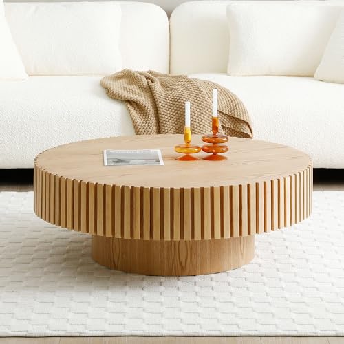 Walnut Wood Coffee Table 31.49" Round Handcraft Drum Coffee Table with Vertical Texture Relief Design Modern Circle Pedestal Tea Table Cocktail Table