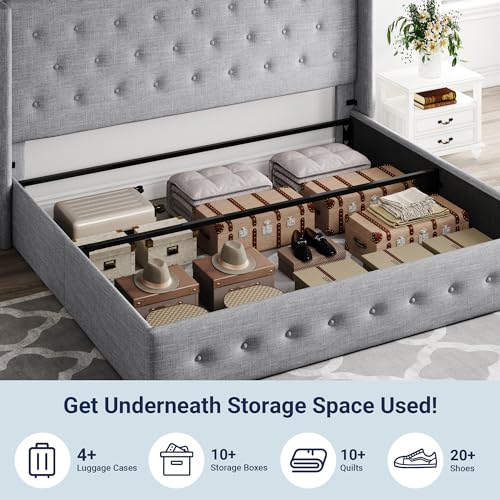 Allewie Full Size Lift Up Storage Bed, Modern Wingback Headboard, Hydraulic Support, No Box Spring Needed, Light Beige