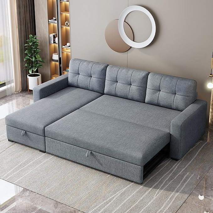 Ball & Cast Convertible Sofa Bed with Reversible Storage Chaise,Linen Sleeper Sofa Couch L Shaped Pull Out Couch Bed