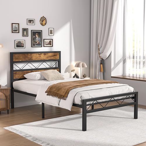 VECELO Queen Metal Platform Bed Frame with Rustic Vintage Wooden Headboard, Heavy Duty 14 Metal Slats Support