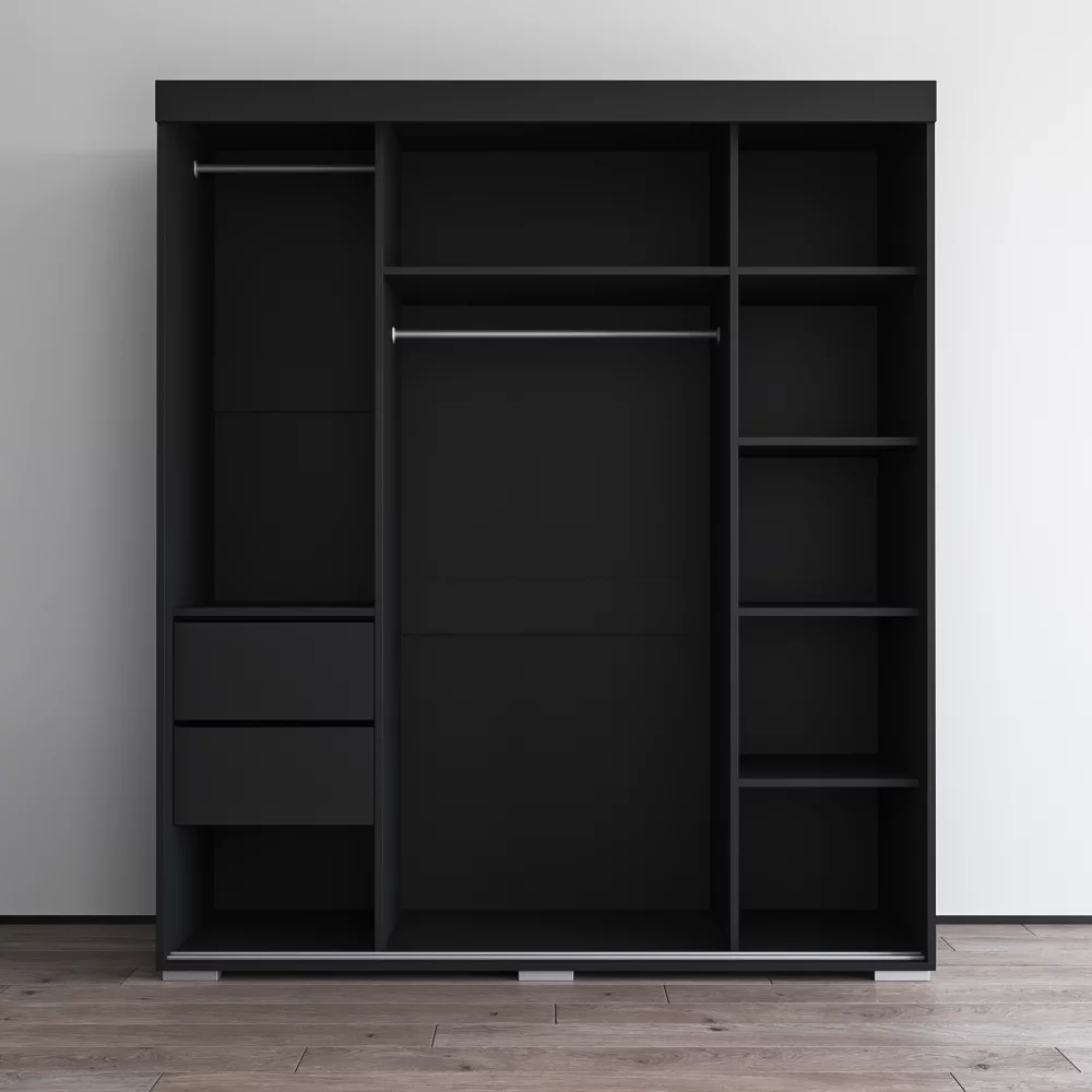 Aria 3 Door 71" Wide Modern High Gloss Wardrobe Armoire, Black Body with All Mirror Fronts