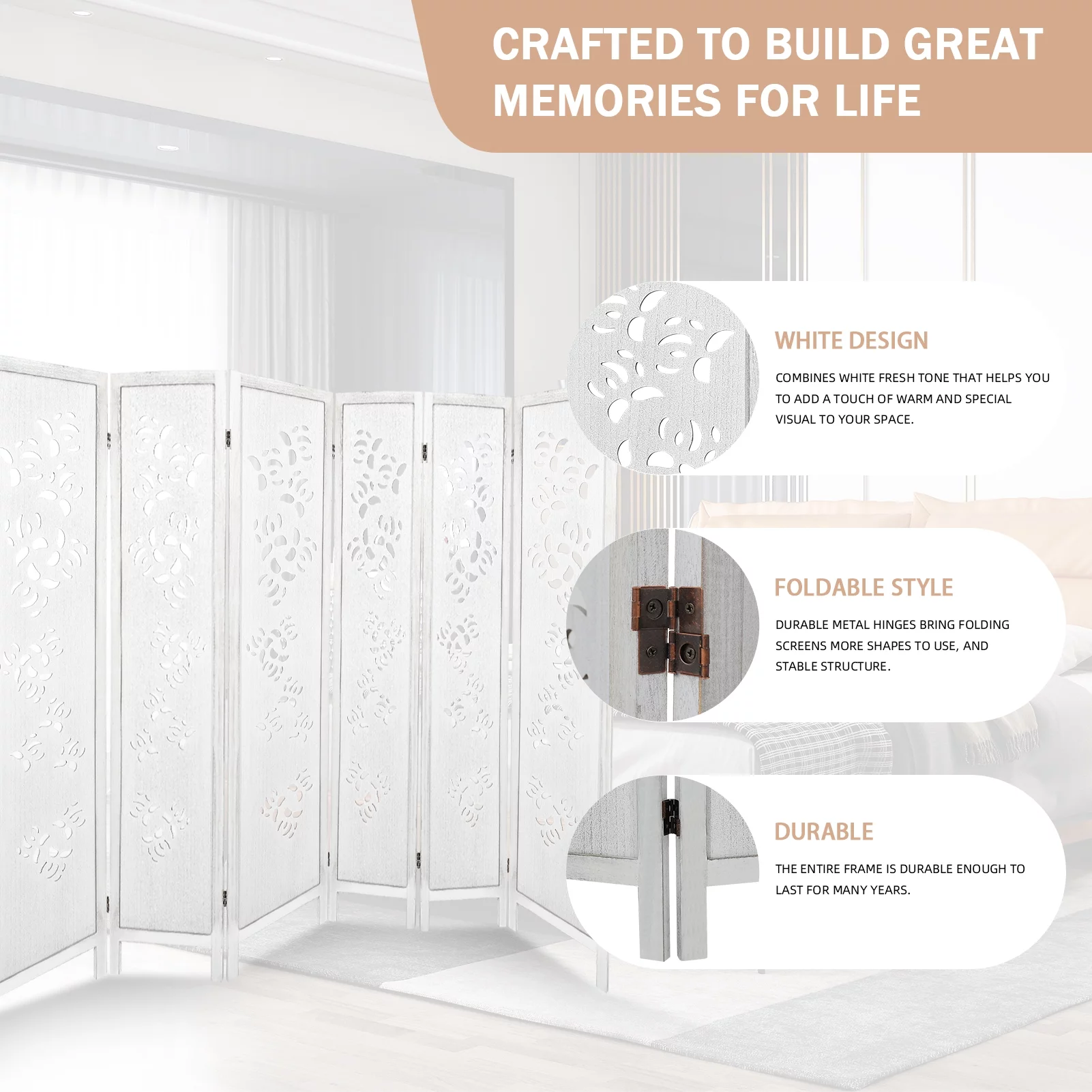 Hofitlead 6 Panel Carved Room Dividers 5.6FT Wooden Folding Screen Freestanding Privacy Partition Wall for Bedroom Living Room Office