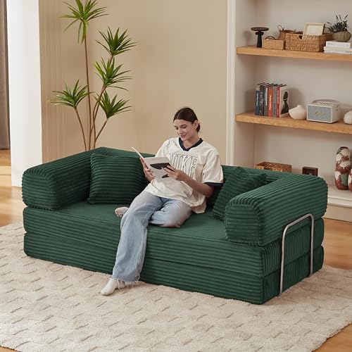 81" Foldable Convertible Sleeper Sofa Bed with Fixed-Shape Frame , Fluffy Corduroy Upholstered Folding Mattress Couch with Cylindrical Pillow