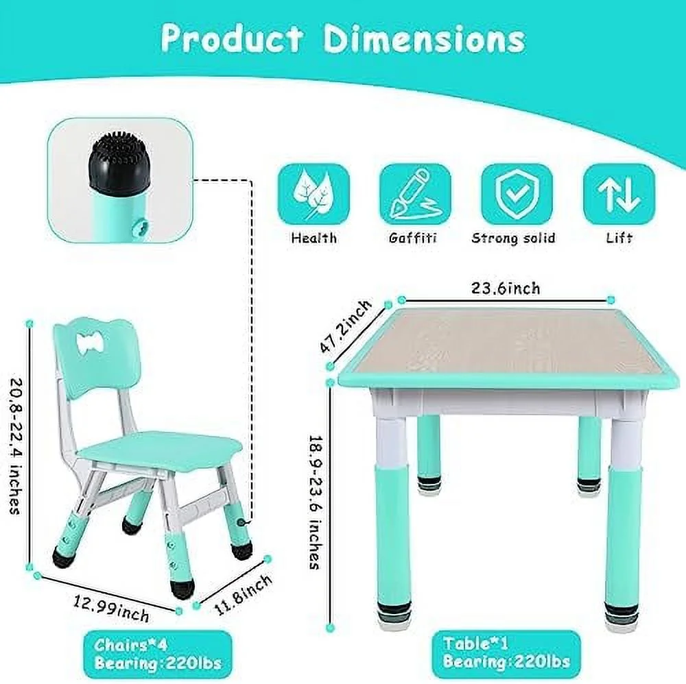 HJZBNONE Big  Study Table and 4 Chair Set  Height Adjustable Toddler Table and Chair Set for 4  Multifunctional Toddler Table  Reading  Drawing