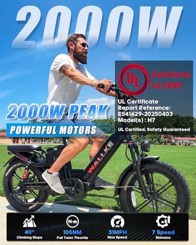 W Wallke AWD Dual Motor Electric Bike for Adults, UL2849 Certified, 48V 60Ah Battery Cell Brand Sam-Sung, Long Range 200 Miles 35MPH Fast Ebike