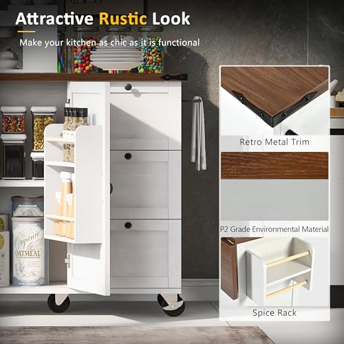 Amposei Farmhouse Rolling Kitchen Cart Island with Power Outlet & Drop Leaf, Wooden Mobile Storage Island on Wheels with Drawers, Spice Rack