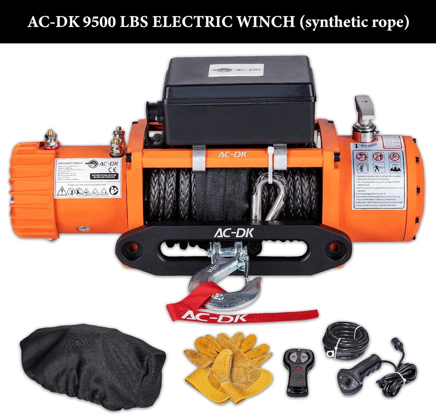 AC-DK 9500 lb. Electric Winch Synthetic Rope Kit, 12V Winch Waterproof IP67, with Wirless Remote