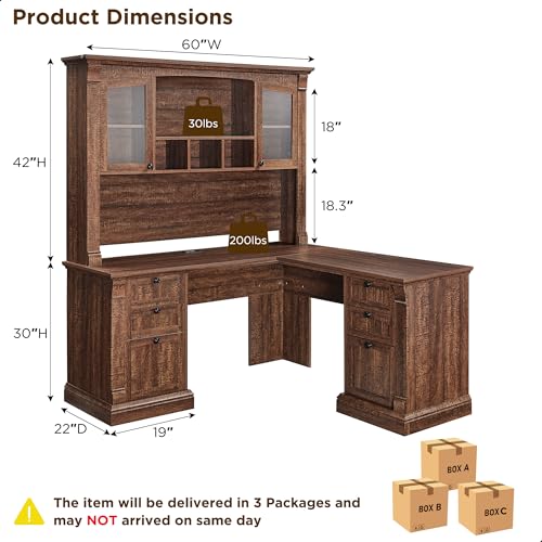 OKD 60" Executive Desk with Drawers, Farmhouse Home Office Desk with Charging Station, Keyboard Tray, File Cabinet Storage