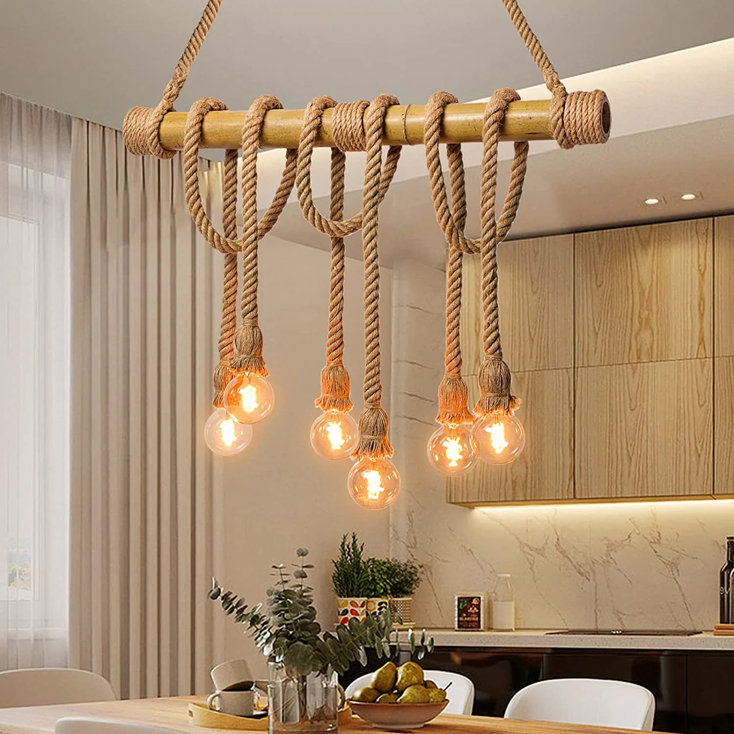Arturesthome 6 Heads Hemp Rope Pendant Light, Vintage Bamboo Chandeliers Fixture Kitchen Island