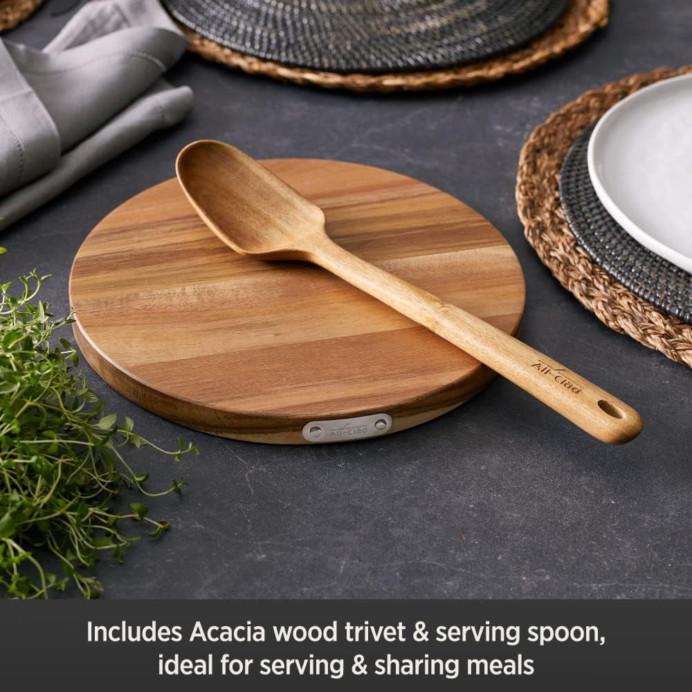 All-Clad HA1 Hard Anodized Nonstick Cookware, Sauteuse with Acacia Wood Trivet & Spoon and Glass Lid, 4 quart