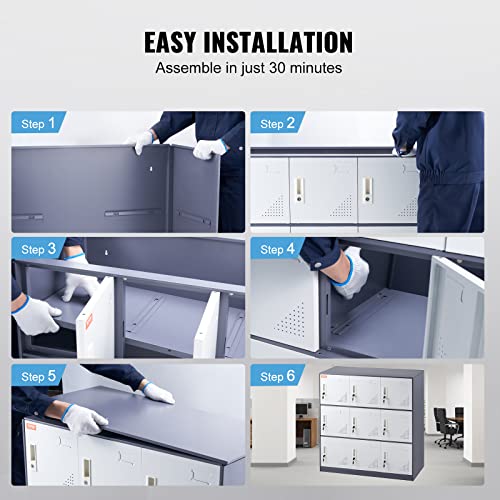VEVOR Metal Locker for Employees, 9 Doors Storage Cabinet with Card Slot, Gray Steel Employee Lockers with Keys