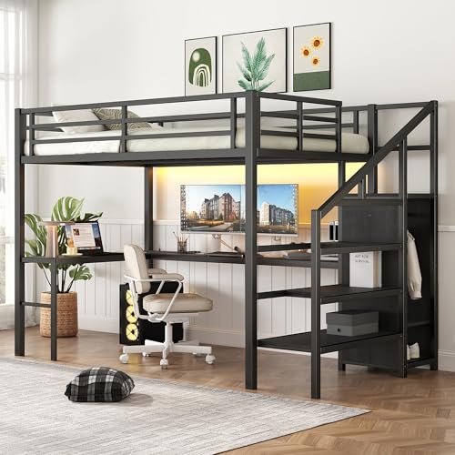 Bellemave Full Size Metal Loft Bed with L Shaped Desk and Wardrobe, Heavy Duty Loft Bed Frame with Storage Stairs