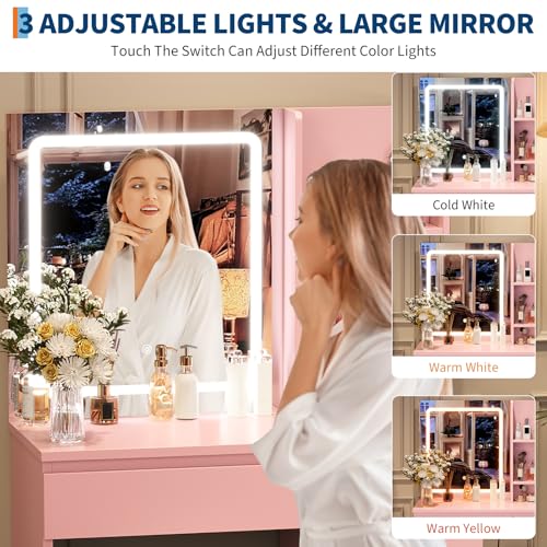 Vanity Desk with Mirror and Lights - Modern Makeup Dressing Table with Outlets, Storage Stool, 4 Drawers & Hair Dryer Holder