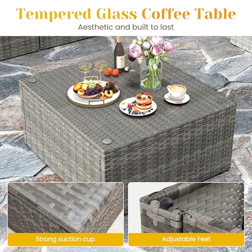 7 Pieces Outdoor Patio Furniture Sets with Glass Tea Table, PE Rattan Wicker Patio Conversation Set with Washable Cushions