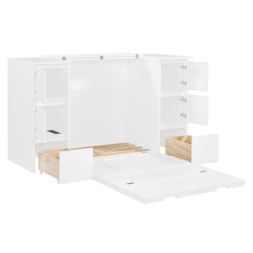 Full Size Murphy Bed with Drawers, Cabinets and USB Ports,Wood Murphy Bed Cabinet Bed Removable Shelves