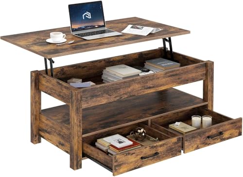 Rolanstar Coffee Table, Lift Top Coffee Table with Drawers and Hidden Compartment, Retro Central Table with Wooden Lift Tabletop, for Living Room