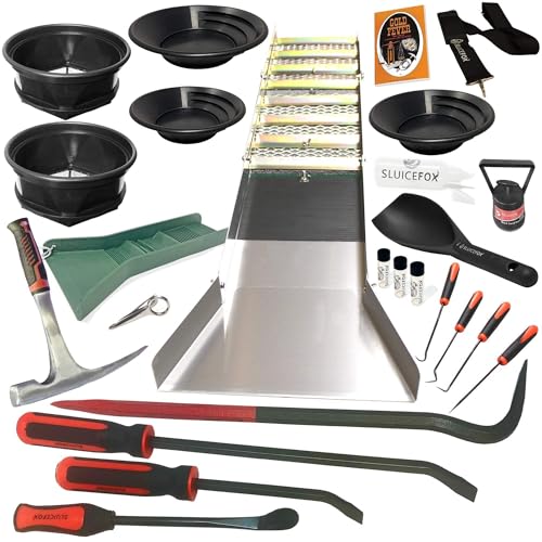 Complete Gold Mining Kit; Folding 50 inch Gold Sluice Box; Gold Prospecting Equipment; Rock Pick Hammer; Gold Classifiers; Pay Dirt Scoop
