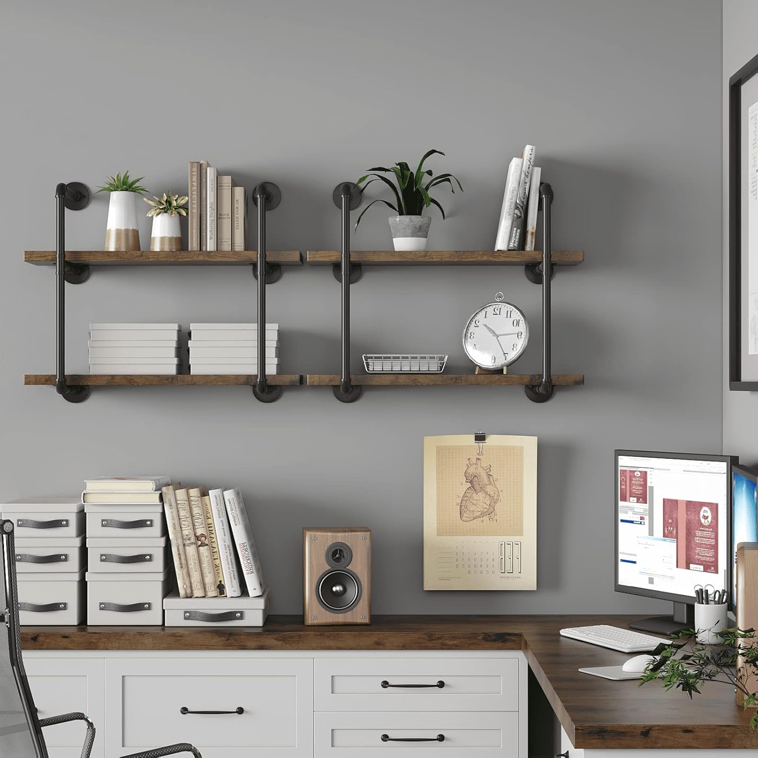CADMIC Industrial Wall Mount Iron Pipe Shelf for Office Room Kitchen DIY Open Bookshelf Retro Black Storage Shelves Pipe Shelving Hung Bracket (3